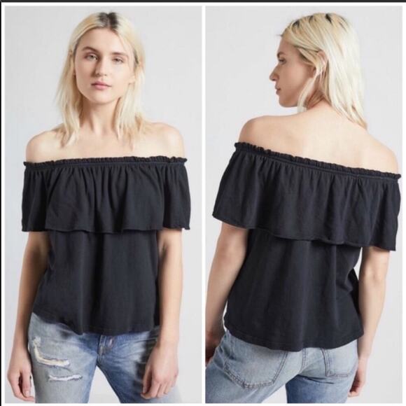 NEW REVOLVE Current/Elliott Black Ruffle Off Shoulder Top Blouse Shirt Cotton L - Picture 6 of 9